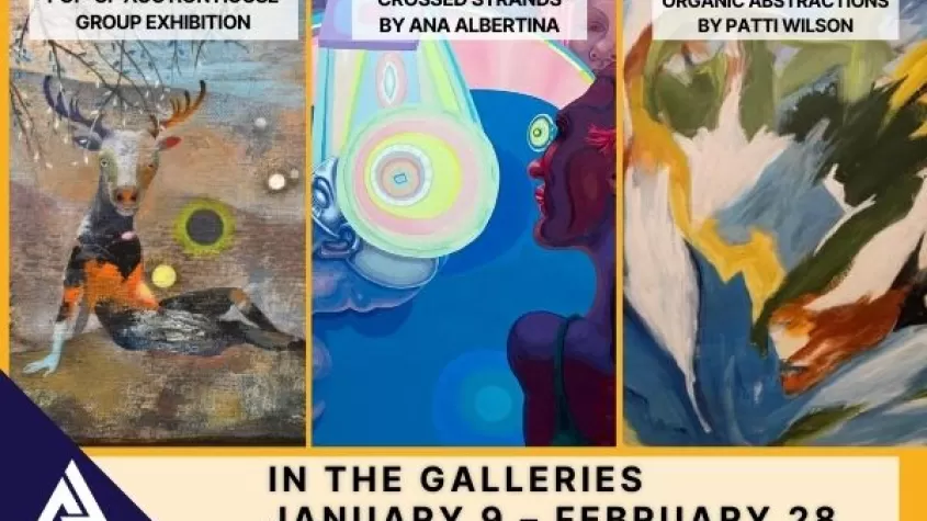 yellow background with three paintings and the titles of the shows and dates