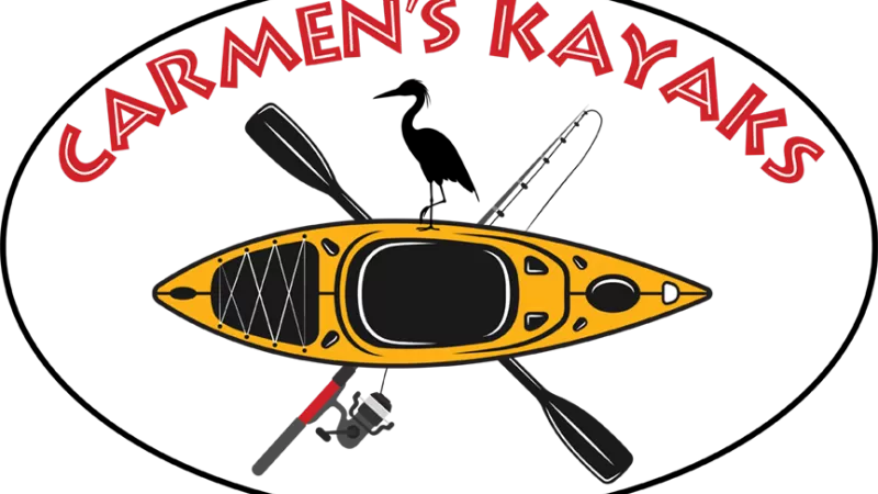 Logo with kayak, paddle, fishing pole, bird